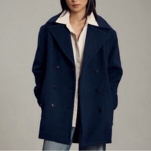 NWT Anthropologie Maeve Double-Breasted Oversized Wool-Blend Coat in Navy Blue
